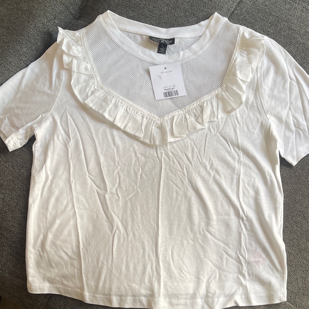 Topshop White Ruffle Trim Tee